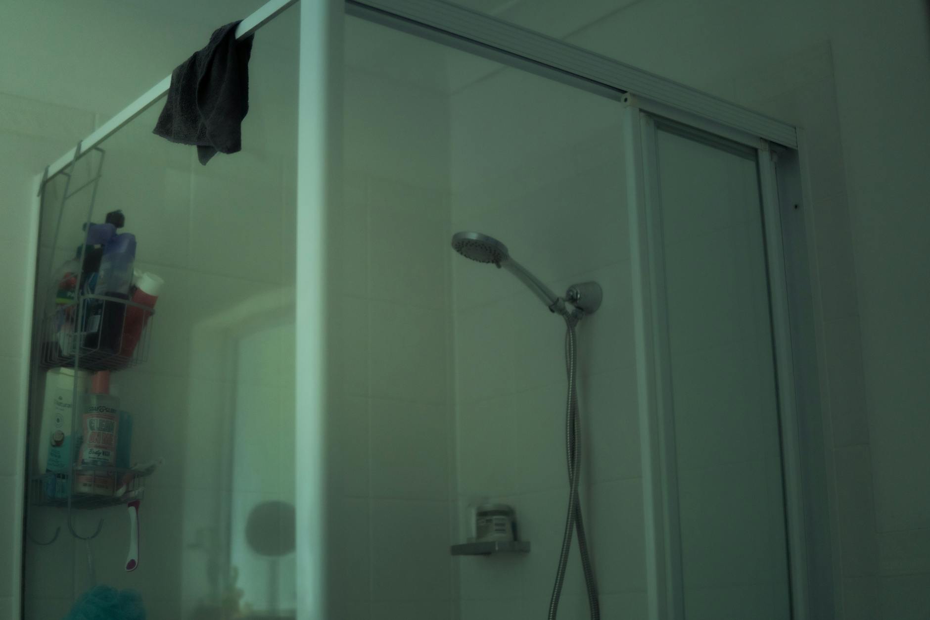 A contemporary bathroom shower with a glass door and wall-mounted showerhead